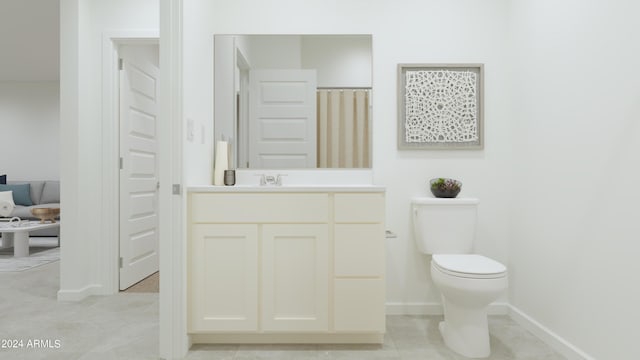 full bath featuring tile patterned floors, baseboards, toilet, and vanity