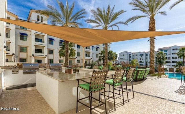 view of patio / terrace with grilling area, a community pool, area for grilling, and an outdoor bar