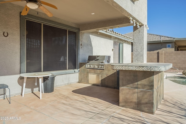 view of patio with an outdoor pool, area for grilling, ceiling fan, grilling area, and fence