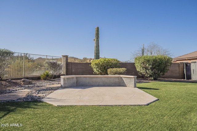 view of community featuring a fenced backyard, a patio, and a yard