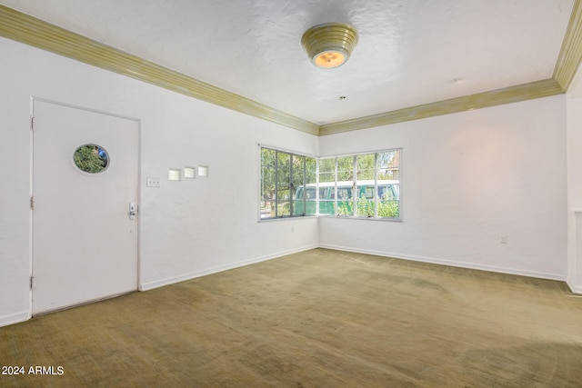 entrance foyer featuring ornamental molding, a textured ceiling, and carpet