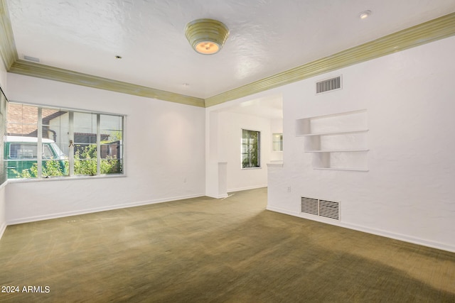 carpeted empty room featuring a healthy amount of sunlight, ornamental molding, and a textured ceiling