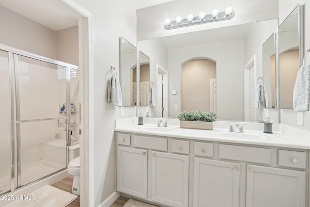 bathroom featuring double vanity, a stall shower, and a sink