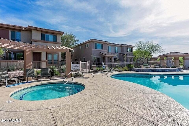 community pool featuring a community hot tub, a pergola, fence, and a patio