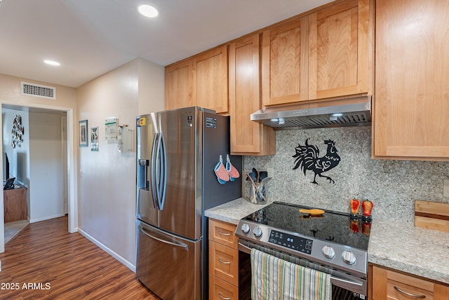 kitchen with stainless steel appliances, light stone countertops, ventilation hood, and decorative backsplash