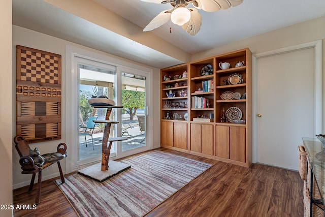 office area featuring ceiling fan and dark hardwood / wood-style flooring