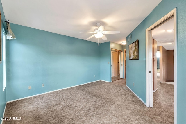 unfurnished bedroom featuring visible vents, a ceiling fan, a closet, carpet floors, and baseboards