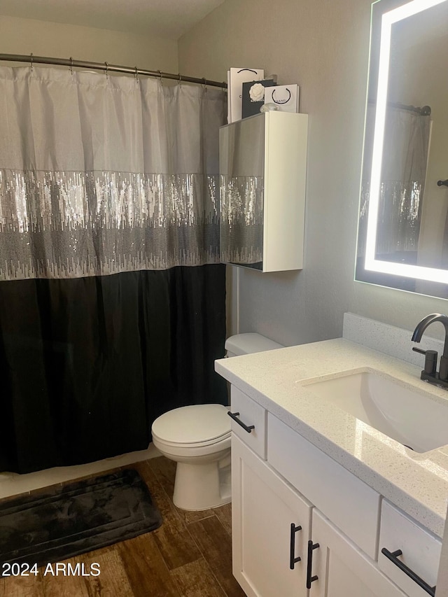 bathroom featuring vanity, toilet, and wood-type flooring