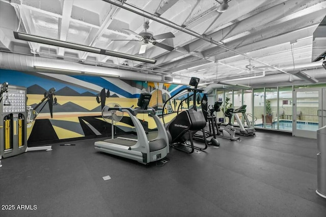 workout area with ceiling fan