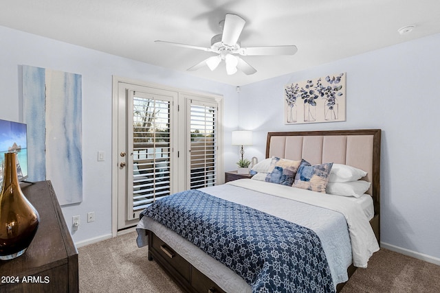 carpeted bedroom featuring access to outside and ceiling fan