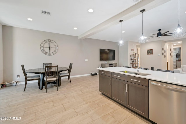 kitchen featuring pendant lighting, sink, stainless steel dishwasher, and dark brown cabinetry