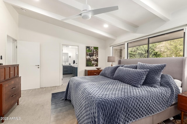 bedroom with light carpet, recessed lighting, beam ceiling, and ensuite bath
