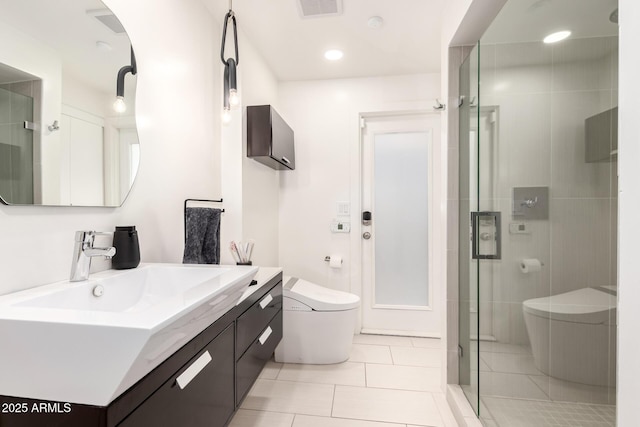 bathroom with toilet, visible vents, tile patterned floors, and a shower stall