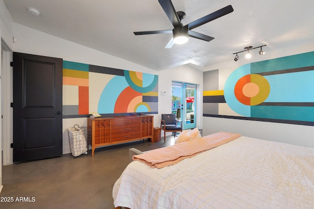 bedroom featuring lofted ceiling and ceiling fan