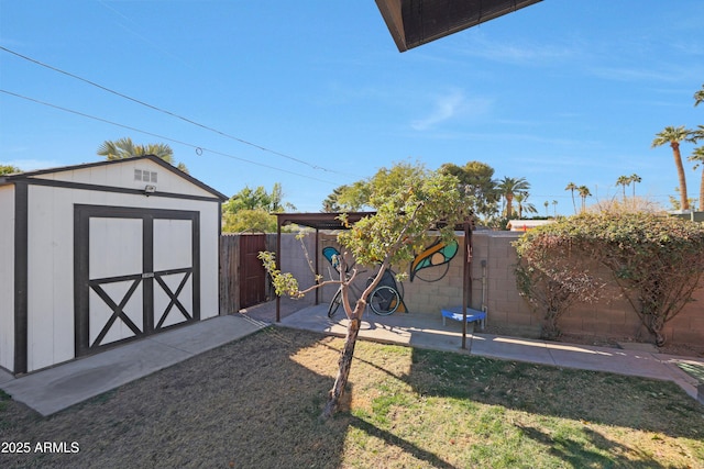 view of yard featuring a patio and a shed