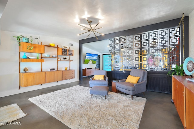 living room with an inviting chandelier