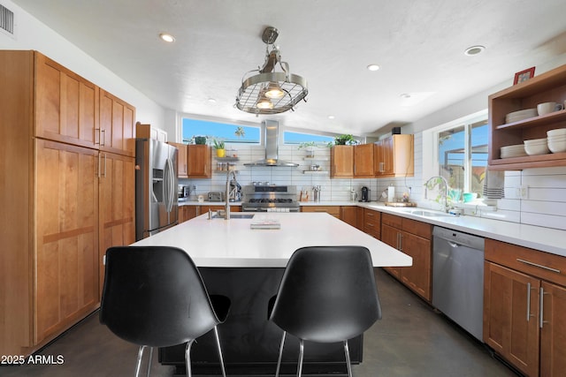 kitchen featuring a kitchen island with sink, island range hood, plenty of natural light, and stainless steel appliances