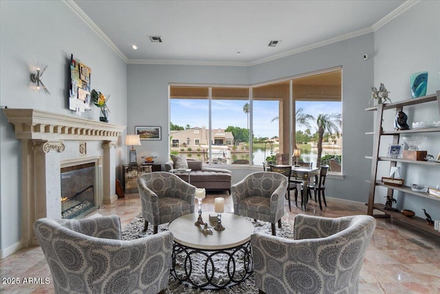 2128 E Clipper Ln, Gilbert, AZ 85234 - living room with a fireplace, crown molding, and baseboards