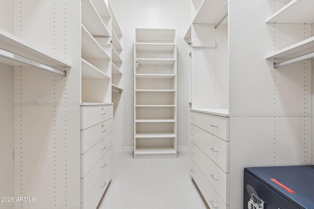 walk in closet with light carpet