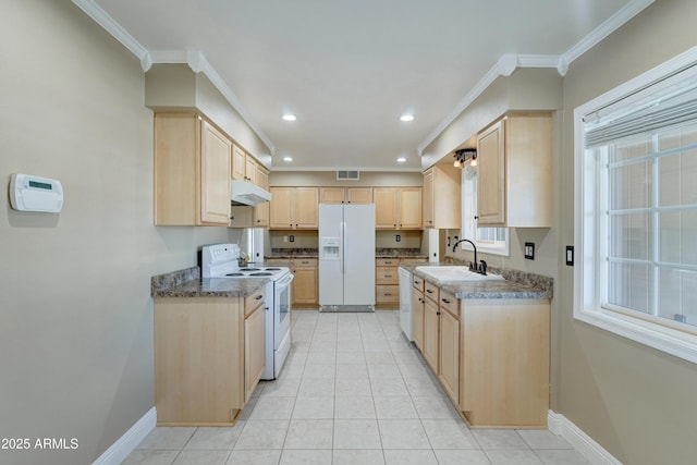 kitchen featuring white appliances, crown molding, sink, light brown cabinetry, and light tile patterned flooring