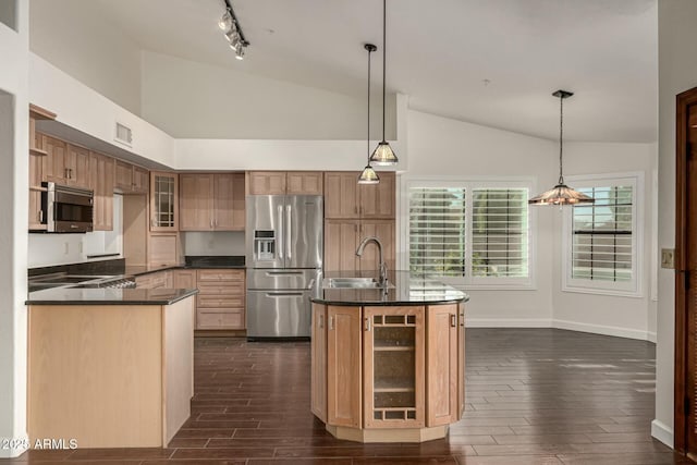 13128 N 104th Pl, Scottsdale, AZ 85260 - kitchen with stainless steel appliances, a sink, dark wood-type flooring, dark countertops, and high vaulted ceiling