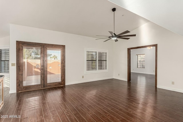 13128 N 104th Pl, Scottsdale, AZ 85260 - unfurnished living room featuring french doors, a ceiling fan, dark wood finished floors, baseboards, and high vaulted ceiling