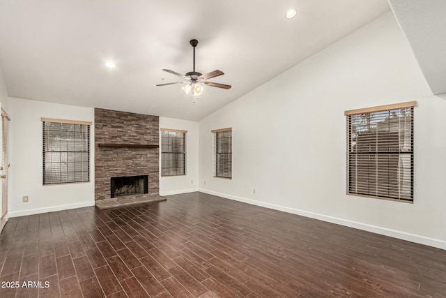 13128 N 104th Pl, Scottsdale, AZ 85260 - unfurnished living room with lofted ceiling, a ceiling fan, baseboards, dark wood-style floors, and recessed lighting