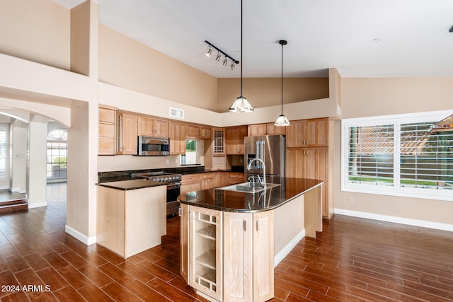 kitchen featuring appliances with stainless steel finishes, decorative light fixtures, rail lighting, sink, and a kitchen island with sink