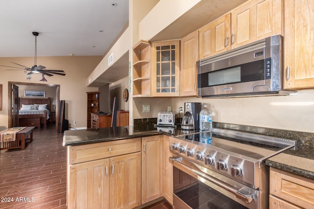 kitchen featuring light brown cabinetry, dark hardwood / wood-style flooring, dark stone counters, kitchen peninsula, and stainless steel appliances