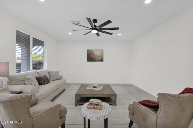 living room featuring ceiling fan