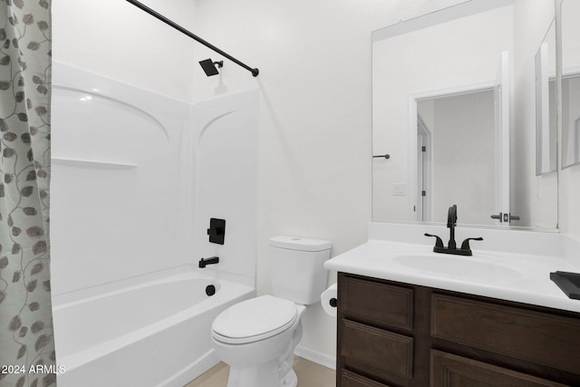 full bathroom with vanity, toilet, and shower / tub combo with curtain