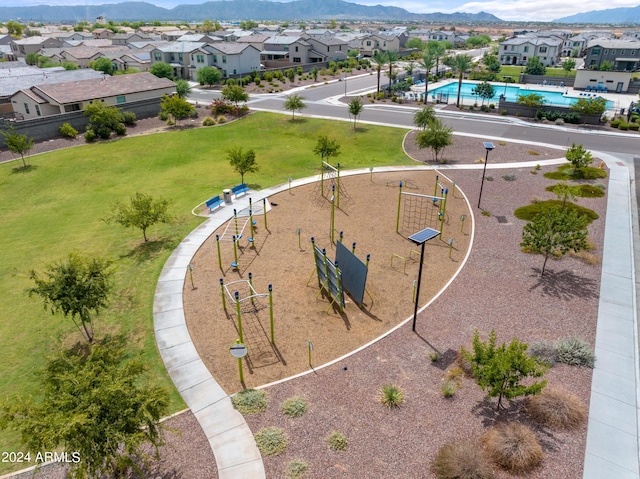 bird's eye view featuring a residential view and a mountain view