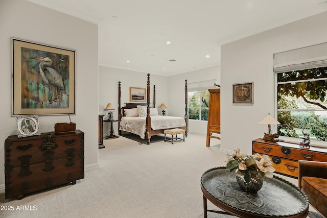 bedroom featuring baseboards, carpet floors, ornamental molding, and recessed lighting