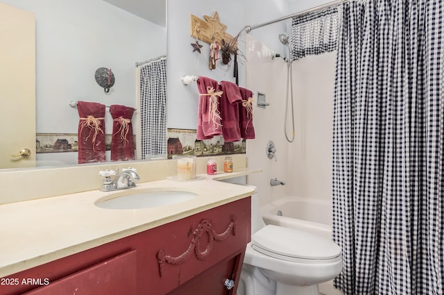 full bathroom featuring toilet, vanity, and shower / tub combo with curtain