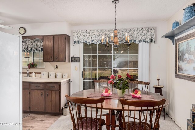 dining area with a notable chandelier, a textured ceiling, and light hardwood / wood-style floors