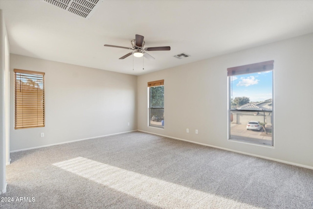 carpeted spare room featuring ceiling fan and a healthy amount of sunlight