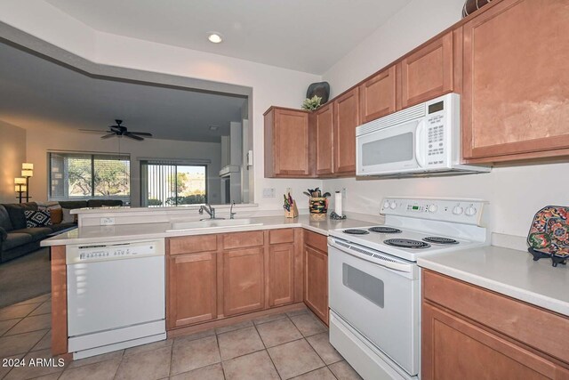 kitchen with ceiling fan, sink, kitchen peninsula, white appliances, and light tile patterned flooring