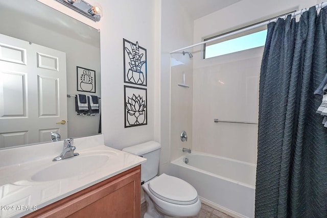 full bathroom with tile patterned flooring, vanity, toilet, and shower / tub combo with curtain