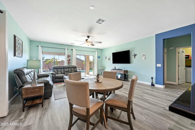 dining room with ceiling fan and light wood-type flooring