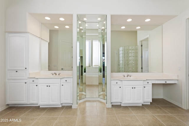 5892 E Evening Glow Dr, Scottsdale, AZ 85266 - full bathroom with tile patterned flooring, two vanities, a sink, and recessed lighting