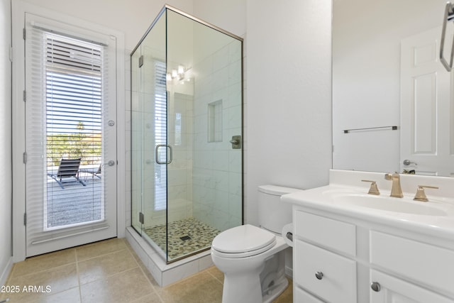 5892 E Evening Glow Dr, Scottsdale, AZ 85266 - bathroom featuring tile patterned flooring, a shower stall, toilet, and vanity