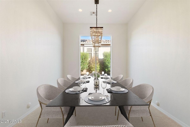 5892 E Evening Glow Dr, Scottsdale, AZ 85266 - carpeted dining area with visible vents, baseboards, a notable chandelier, and recessed lighting