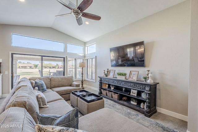 living area with ceiling fan, high vaulted ceiling, recessed lighting, and baseboards