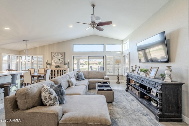 living room with high vaulted ceiling, ceiling fan, baseboards, and recessed lighting