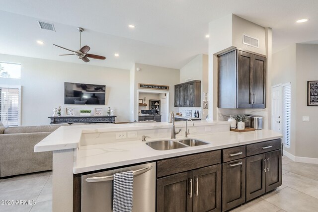 kitchen featuring a sink, visible vents, open floor plan, dark brown cabinets, and dishwasher