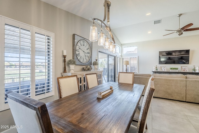 dining room with lofted ceiling, recessed lighting, visible vents, a ceiling fan, and tile patterned floors