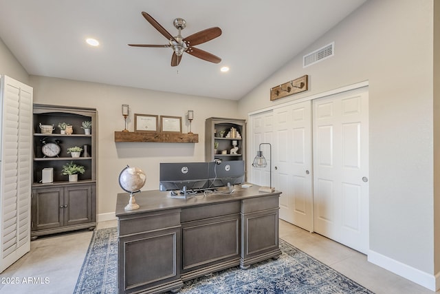 office area featuring lofted ceiling, recessed lighting, visible vents, ceiling fan, and baseboards