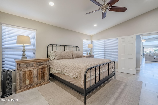 bedroom with lofted ceiling, light tile patterned floors, ceiling fan, and recessed lighting