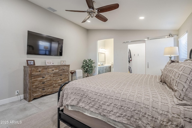 bedroom featuring lofted ceiling, recessed lighting, light colored carpet, visible vents, and baseboards