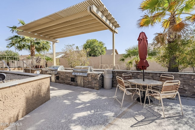 view of patio featuring outdoor dining area, area for grilling, fence, grilling area, and a pergola